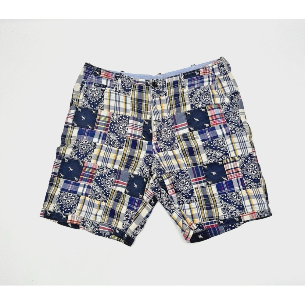 J Crew Mens Field Shorts 38 Madras Plaid Patchwork 10" Critter Dog Coastal Prep
